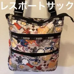 レスポートサック　ショルダーバッグ 猫・鳥・雲・星などの柄グレーベージュ