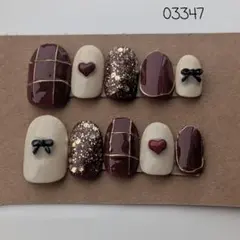 【現品】03347ネイルチップ 　バレンタインネイル　ワインレッド　赤　ボルドー