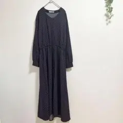 プロズヴェール【M】総柄長袖マキシ丈ロングワンピース ウエストドロスト Aライン