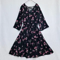 COLZA♦︎花柄ワンピース M 黒 ピンク フレア 膝丈バックリボン