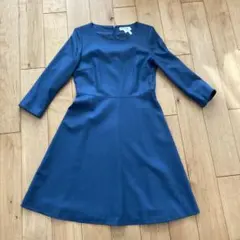 美品　ノーリーズライト　ブルー系 七分袖Aライン ワンピース　秋冬用