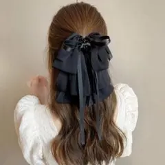リボン　ブラック黒　ヘアクリップ　バンスクリップ　ライブ　結婚式　髪留め　大きめ