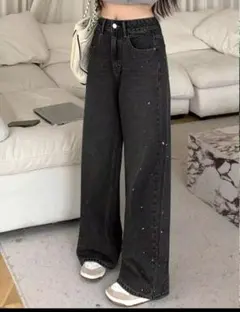 SHEIN キラキラデニム スタッズ ウォッシュドワイドデニム Sサイズ