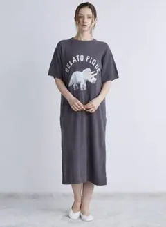 完売品　ジェラートピケ　恐竜　グレー　モチーフ柄ジャガードドレス