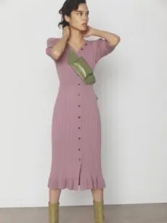 春ニット ニットワンピ ロング 半袖 ピンク マーメイド フロントボタン