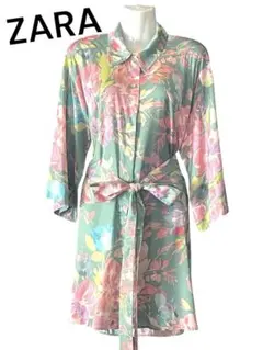 新品タグ付き【ZARA】サテン生地 フラワープリント シャツワンピース
