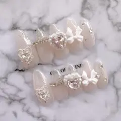 シアーラメピンク フレンチガーリー リボン ワンホン y2k 量産型 韓国ネイル