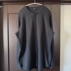 【ユニクロ/UNIQLO】美品！ワッフルヘンリーネックTシャツ/ブラック/XL