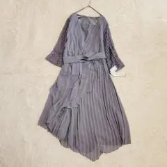 【大きいサイズ】新品 パーティードレス くすみブルー レース ベルト 4L