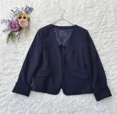 美品＊any FAM 洗えるノーカラー ジャケット Vネック オフィス 紺色 M