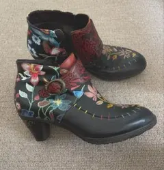 エスタシオン Estacion 本革花柄レザーブーツ美品 希少フラワー L