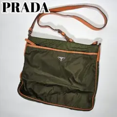 希少✨PRADA ナイロンショルダーバッグ レザー カーキ 三角ロゴプレート