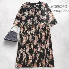 美品 インゲボルグ 花柄ワンピース ロング丈 プリーツ リボン ブラック 黒