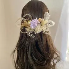 和玉とミニリボンのドライフラワー髪飾り　金箔　水引　卒業式　袴　結婚式　紫