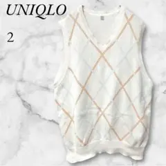 ユニクロ ダイヤモンド柄 ニットベスト コットン 2 オフホワイト