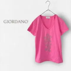 【ジョルダーノ】Vネック Tシャツ 半袖 プリント ビジュー コットン ピンクのサムネイル