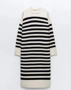 新品ZARA ストライプ ニットミディワンピース Lサイズ