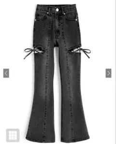 GRL サイドカットアウトリボンフレアデニムパンツ　[cu578] ブラック