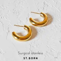 サージカルステンレス大ぶりC型チャンキーフープスタッドピアス14金ゴールドメッキ