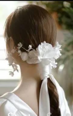 ウェディングフラワーヘアアクセサリー結婚式　前撮り　リボンヘッドドレス花　披露宴