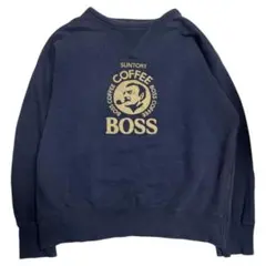 裏起毛✨サントリー BOSS COFFEE ビッグロゴ スウェット ネイビー L