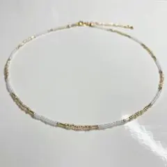 ハンドメイド ビーズネックレス ビーズチョーカー ゴールド 約39cm