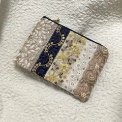 149》インド刺繍リボンポーチ　ヌビキルト　フラットポーチ