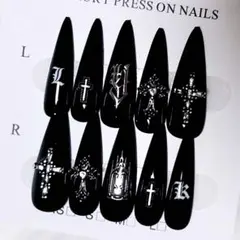 ネイルチップ♥現品♥シズニルック♥ブラック♥クロム♥地雷系♥十字架♥韓国