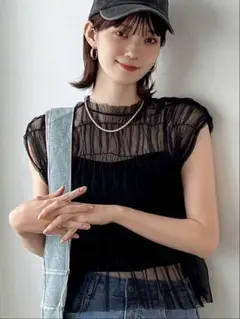 【未使用に近い】シースルー フリルノースリーブ トップス タグ無　M