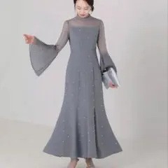 Leja パールビジュー付 プリーツフレアスリーブマーメイドワンピース ドレス