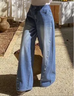 パールボタン付きワイドレッグデニム