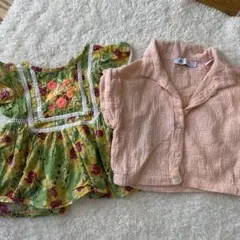 next花柄刺繍フリルトップスとzara半袖シャツセット
