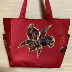 帯リメイクトートバッグ＊カトレア刺繍サイドポケット付