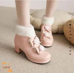 【新品】フリルリボン付き裏起毛ムートンブーツ23.5cm