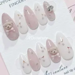 NO.2現品ネイルチップ୨୧くまちゃんリボン୨୧ピンク♡量産型韓国♡さくらんぼ春