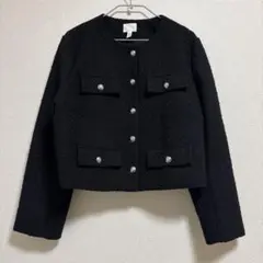 H&M ノーカラー　ブラック　ジャケット ツイード L