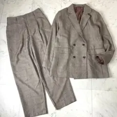 GU チェック柄 L セットアップダブル ジャケット テーパードパンツ 茶
