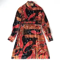 昭和レトロ　ビジュ付きベロアプリントワンピース　オーダー品　S 裏付き　古着
