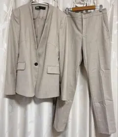 ZARA ベージュ ノーカラー セットアップ ジャケット38 パンツ34