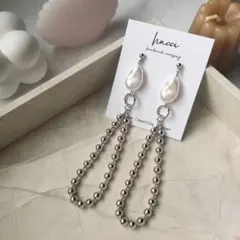 #317 ボールチェーン×デザイン樹脂パールピアス／イヤリング　ハンドメイド