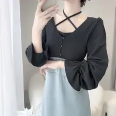 チョーカーデザインレイヤード風キャンディースリーブドッキングナローワンピース