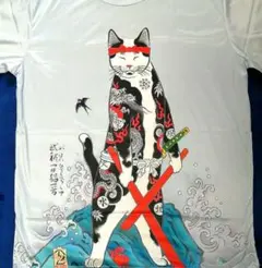 猫アート浮世絵 Tシャツ 水色　ブルー　XL　和柄　入墨　鉢巻　龍