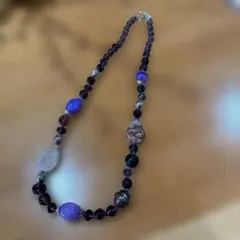 天然石ビーズネックレス 紫 黒 約70cm