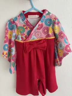 100日祝い　お食い初め　赤と多色花柄の着物ロンパース　70cm 女の子