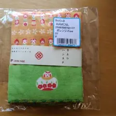 ガーゼハンカチ 　こけし柄　オレンジ・グリーン　　 チャイハネ