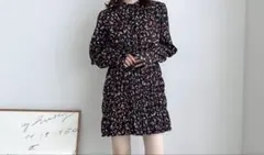 美品★2wayシャーリングチュニック　花柄フリルデザイン春長袖ひざ丈ワンピース