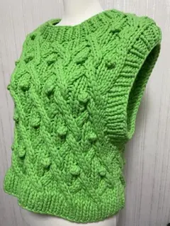 最終値下げ　ZARA ニットベスト　グリーン　ケーブル編み　蛍光緑　ネオンカラー