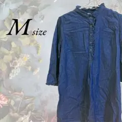 ダークブルー デニム風 チュニック 7分袖