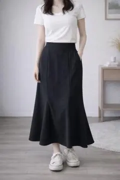 GU ジーユー ヘリンボーン マーメイドロングスカート S ブラック 黒 厚手