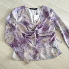 ZARA 長袖 XS ブラウス カシュクールパープル 大理石調　新品タグ付き